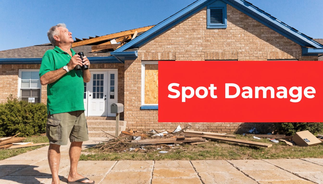 An elderly man standing in front of his damaged home looking up at the roof with binoculars.