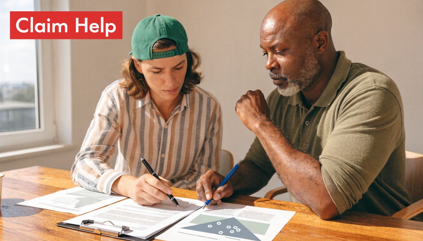 A person helping another individual with document paperwork regarding an insurance claim at a wooden table.