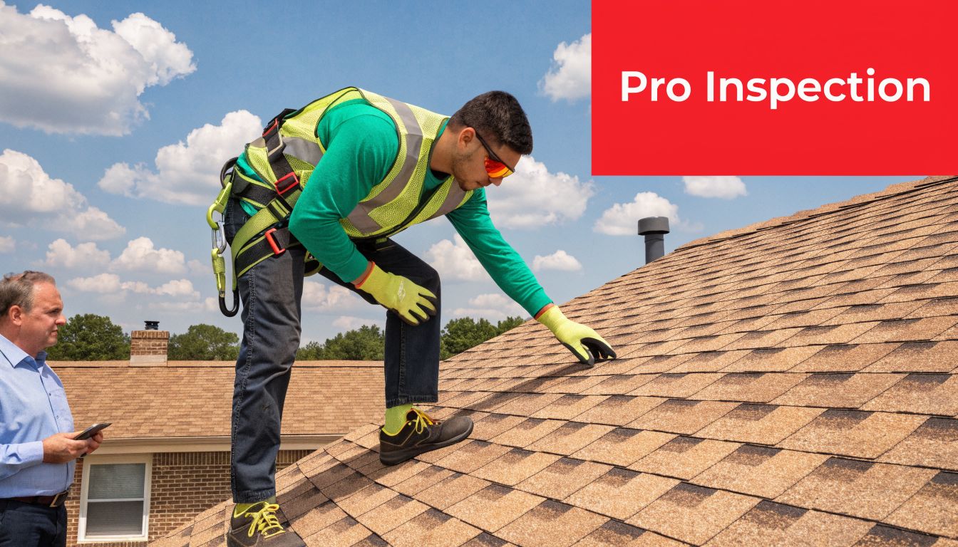 A professional roofer in safety gear inspects a shingled roof while a client observes below.