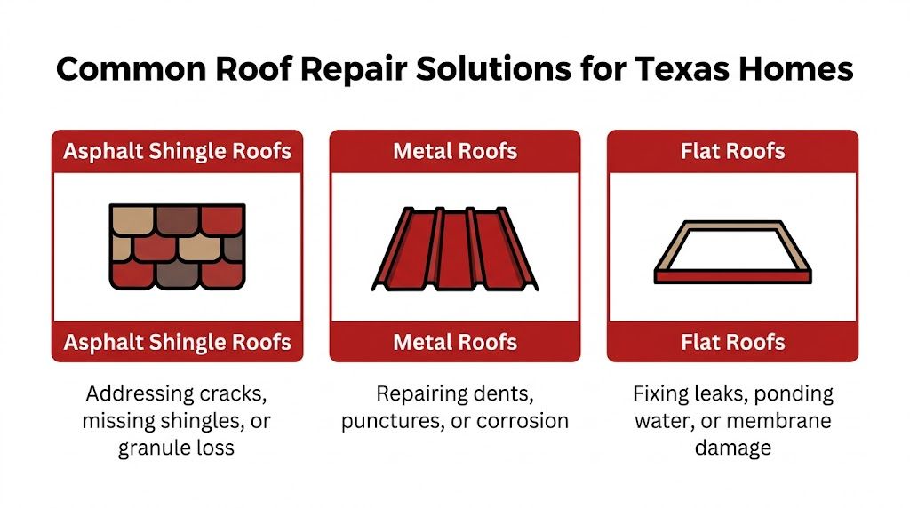 A chart showing common roof repair solutions for Texas homes including asphalt shingles, metal, and flat roofs.