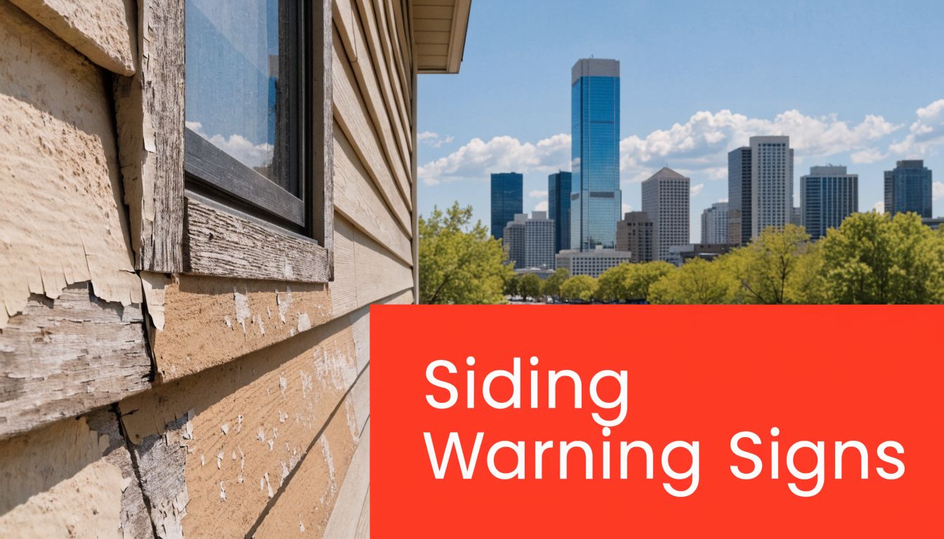 A house exterior with peeling paint and damaged siding boards next to a city skyline background.