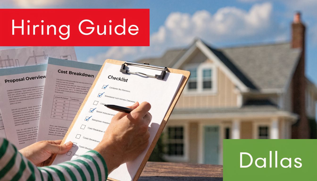 A person checking items off a hiring checklist with a house and proposal documents in the background.