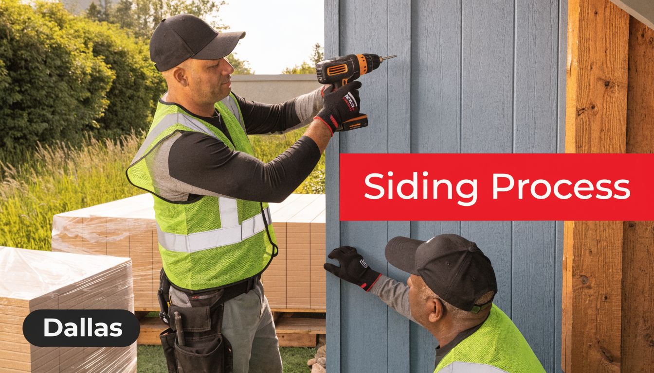 Two construction workers in safety vests installing blue wooden siding on a building in Dallas, Texas.