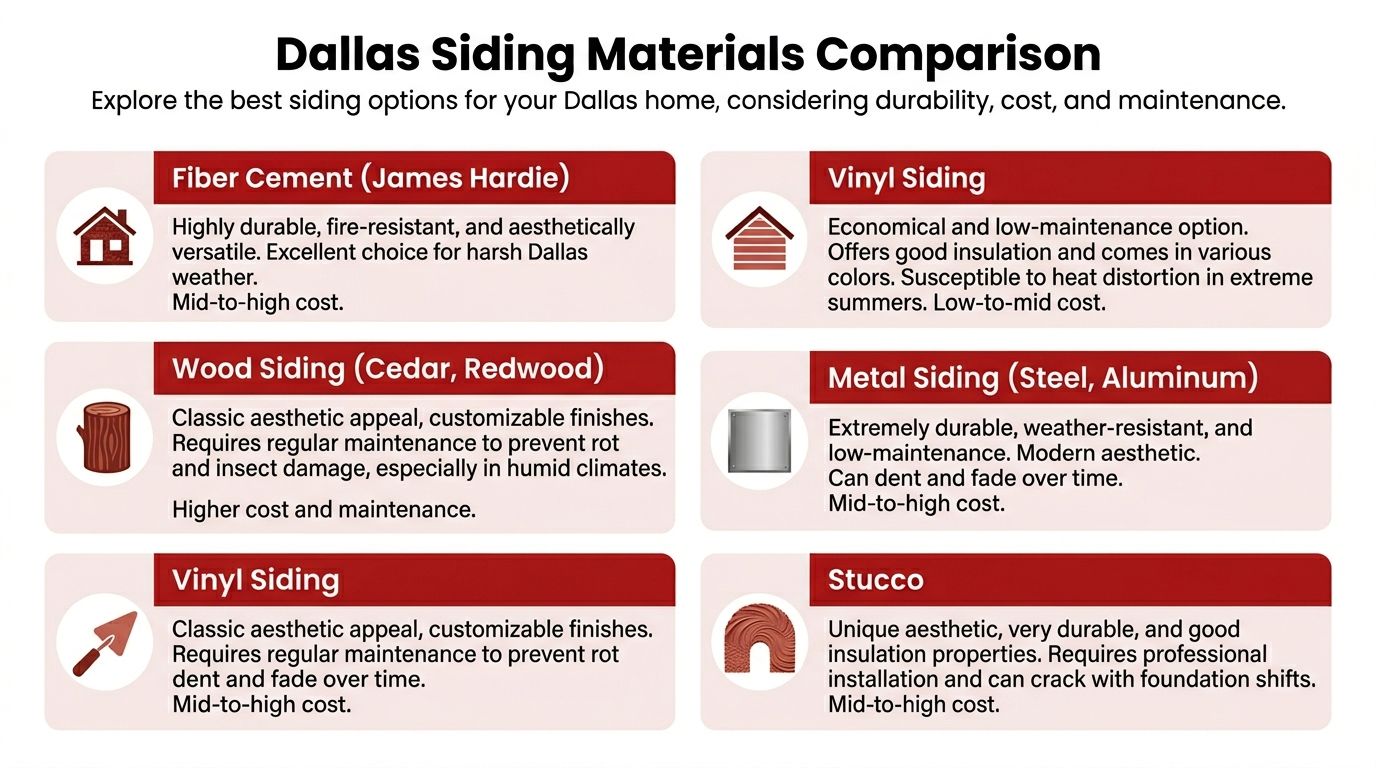 A comparison chart of various siding materials for homes in Dallas, including fiber cement, vinyl, and wood.