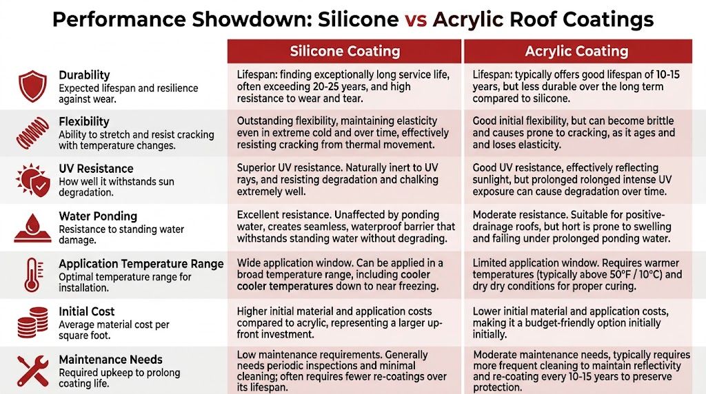 A comparison chart showing the performance differences between silicone and acrylic roof coatings for building maintenance.