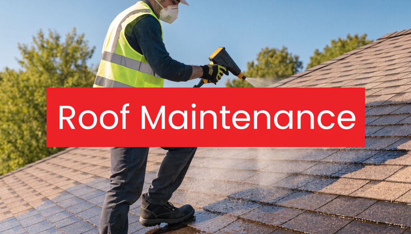 A professional roofing technician in safety gear power washing a sloped roof for routine maintenance.