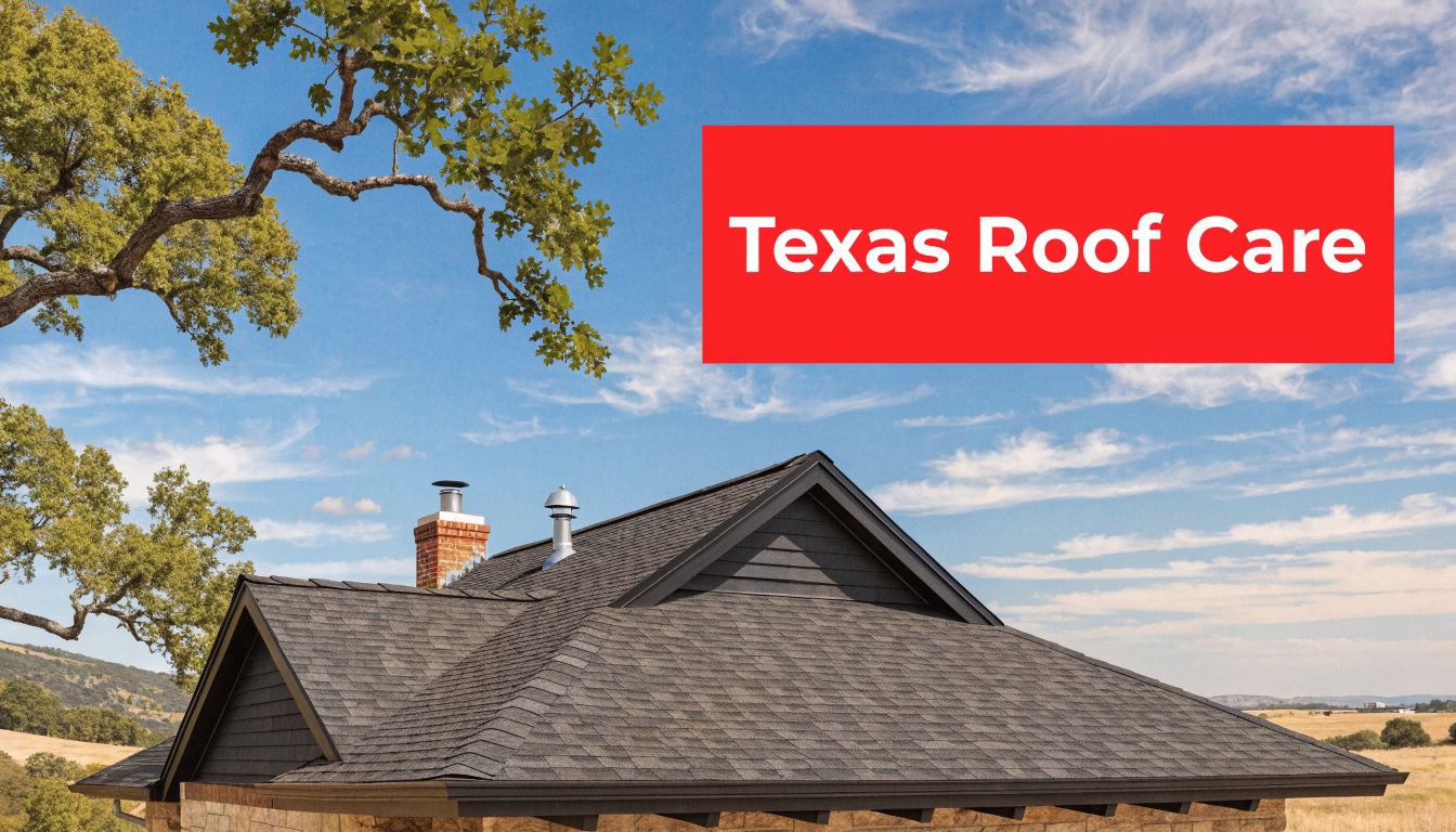 A scenic view of a house roof against a bright blue sky with a tree branch.