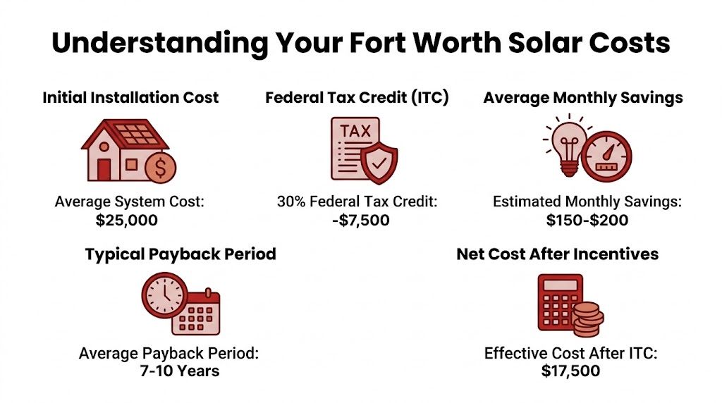 An infographic showing average solar panel costs, tax credits, and savings for homeowners in Fort Worth, Texas.
