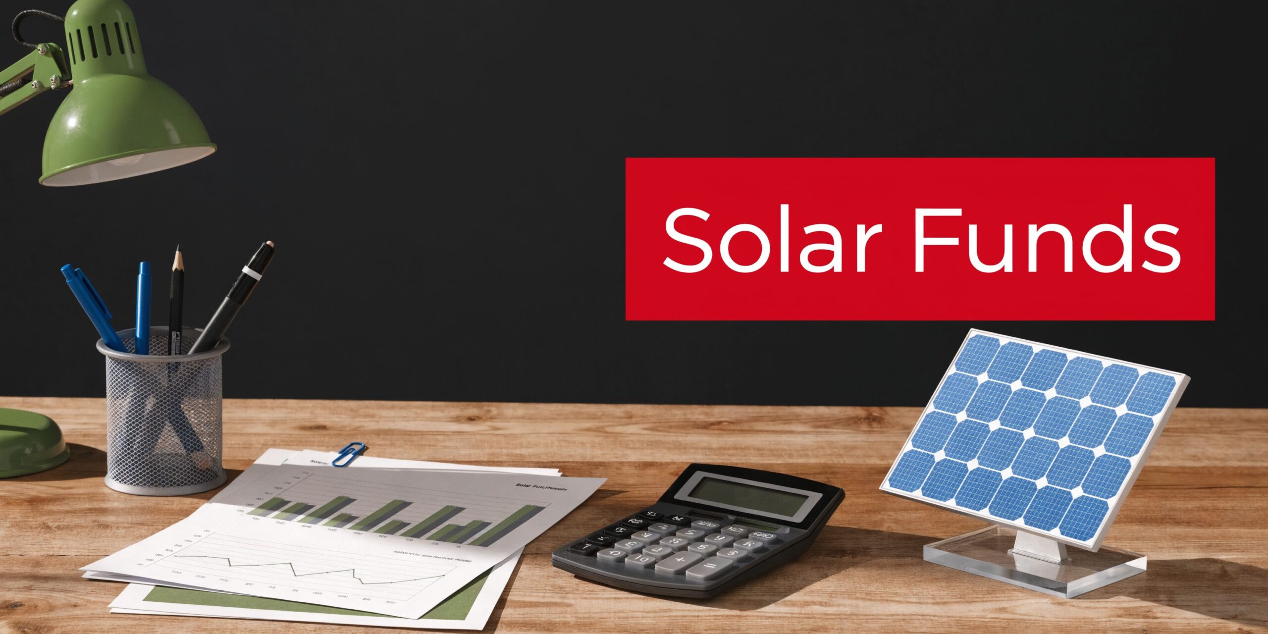 A wooden desk with a solar panel model, calculator, charts, and office supplies against a black background.