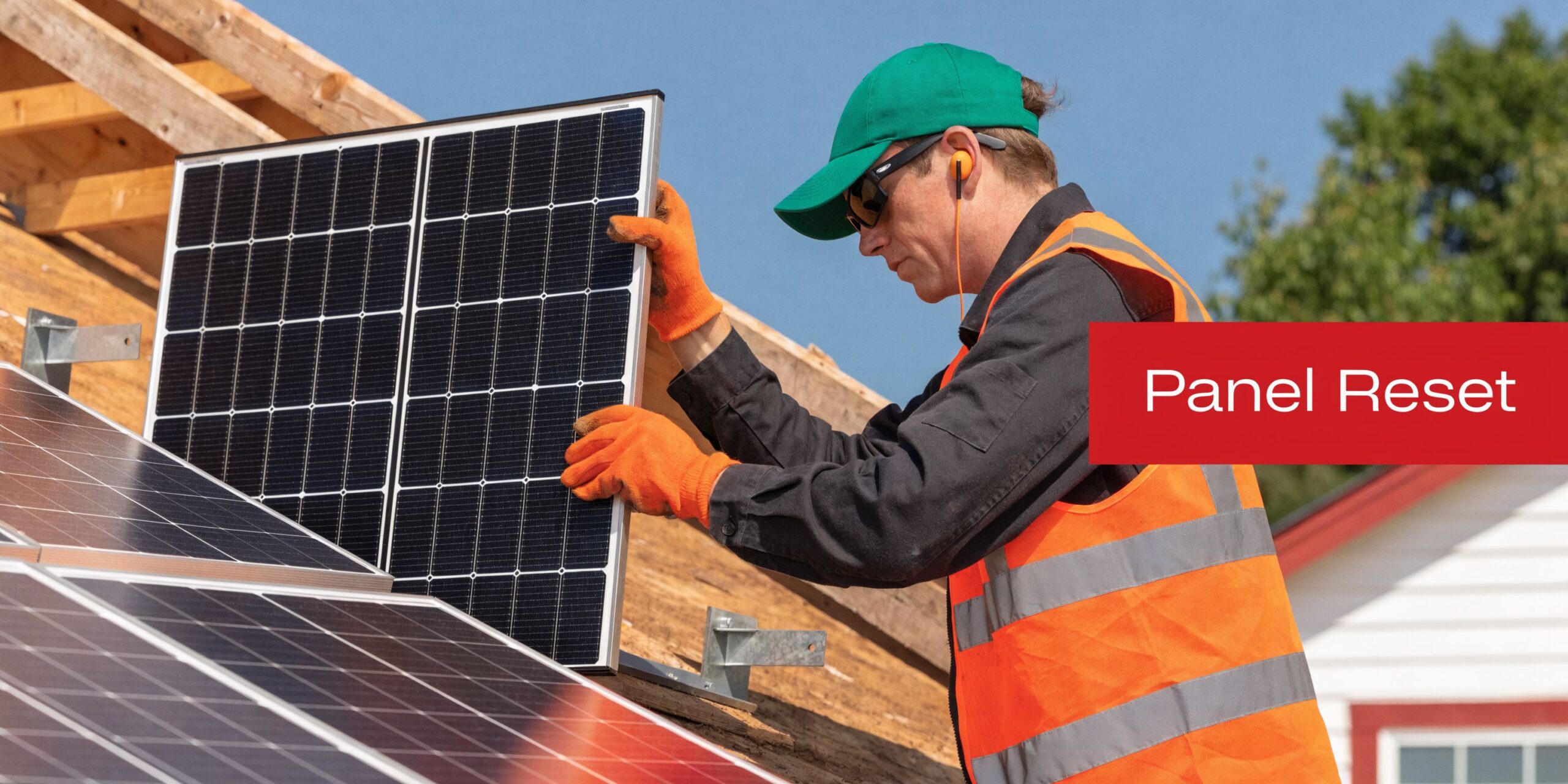 A professional construction worker in high-visibility gear installing solar panels on a residential roof in Texas.