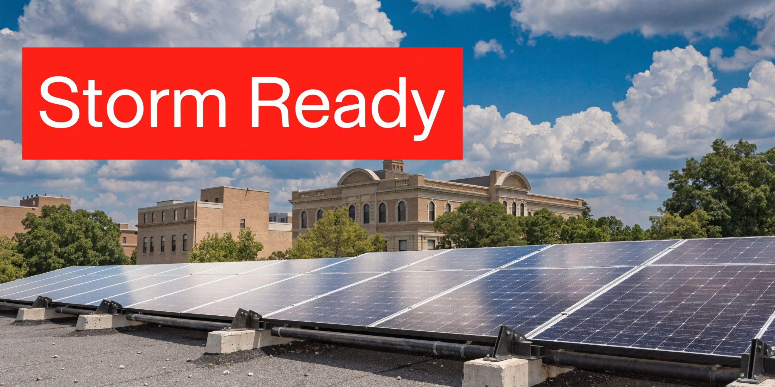 Solar panel installation on a rooftop in front of a historic building under a cloudy sky.