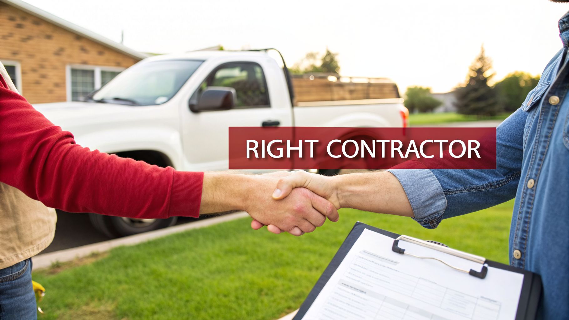 Two men shaking hands with a contract visible, implying a successful agreement with the right contractor.