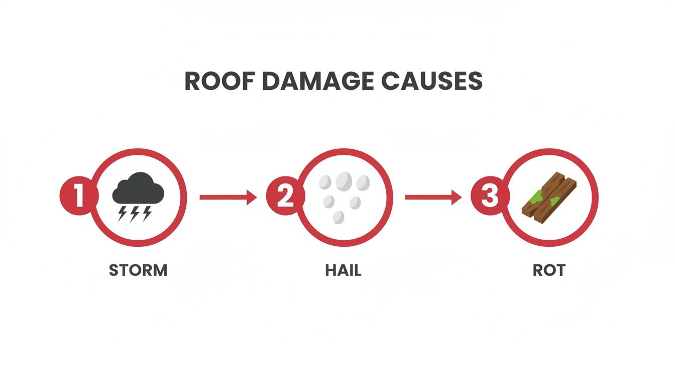 Diagram illustrating roof damage causes: storm leads to hail, which can then cause rot on wooden roof components.