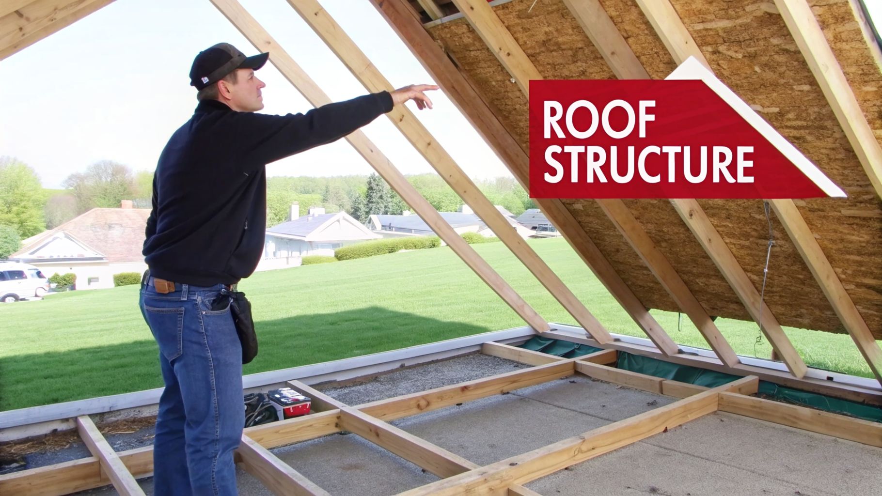 A man in a cap and black jacket points to the wooden roof structure of a house under construction.