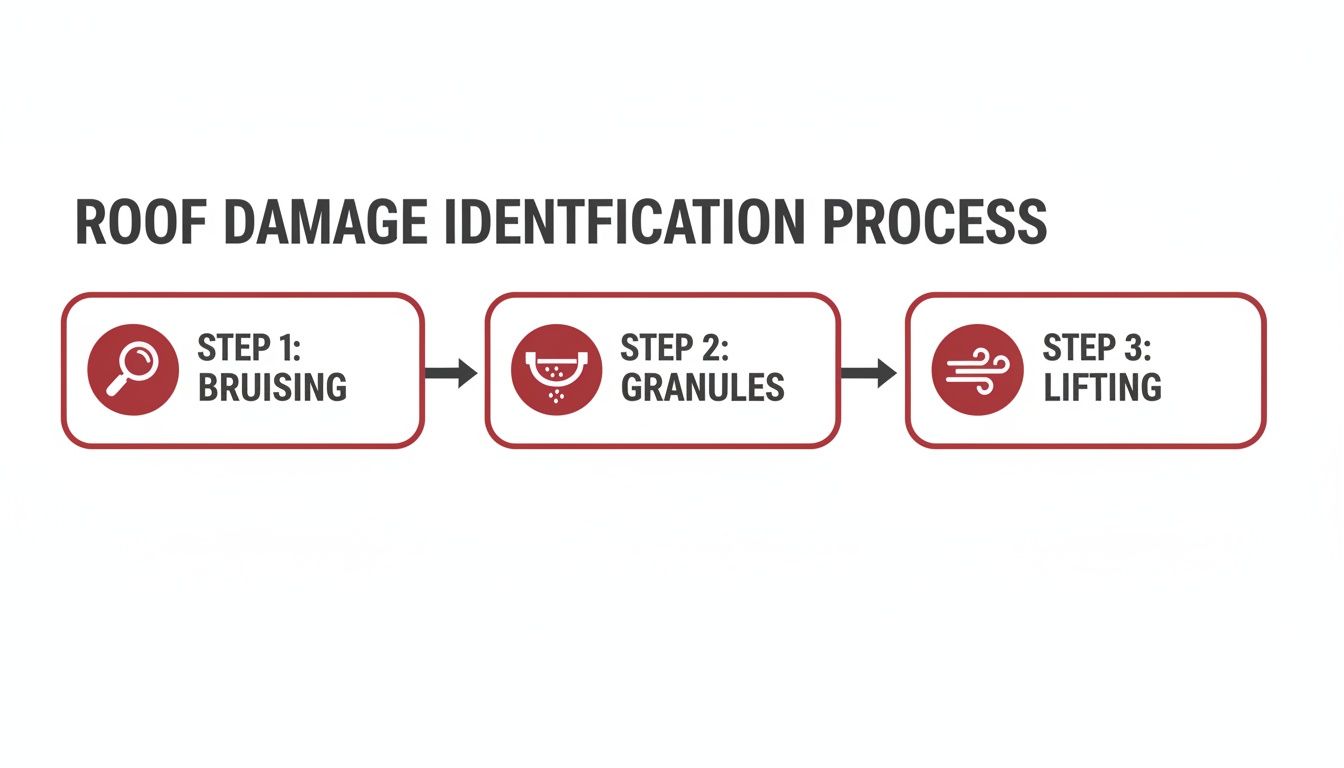 Flowchart illustrating the three-step roof damage identification process with icons for bruising, granules, and lifting.