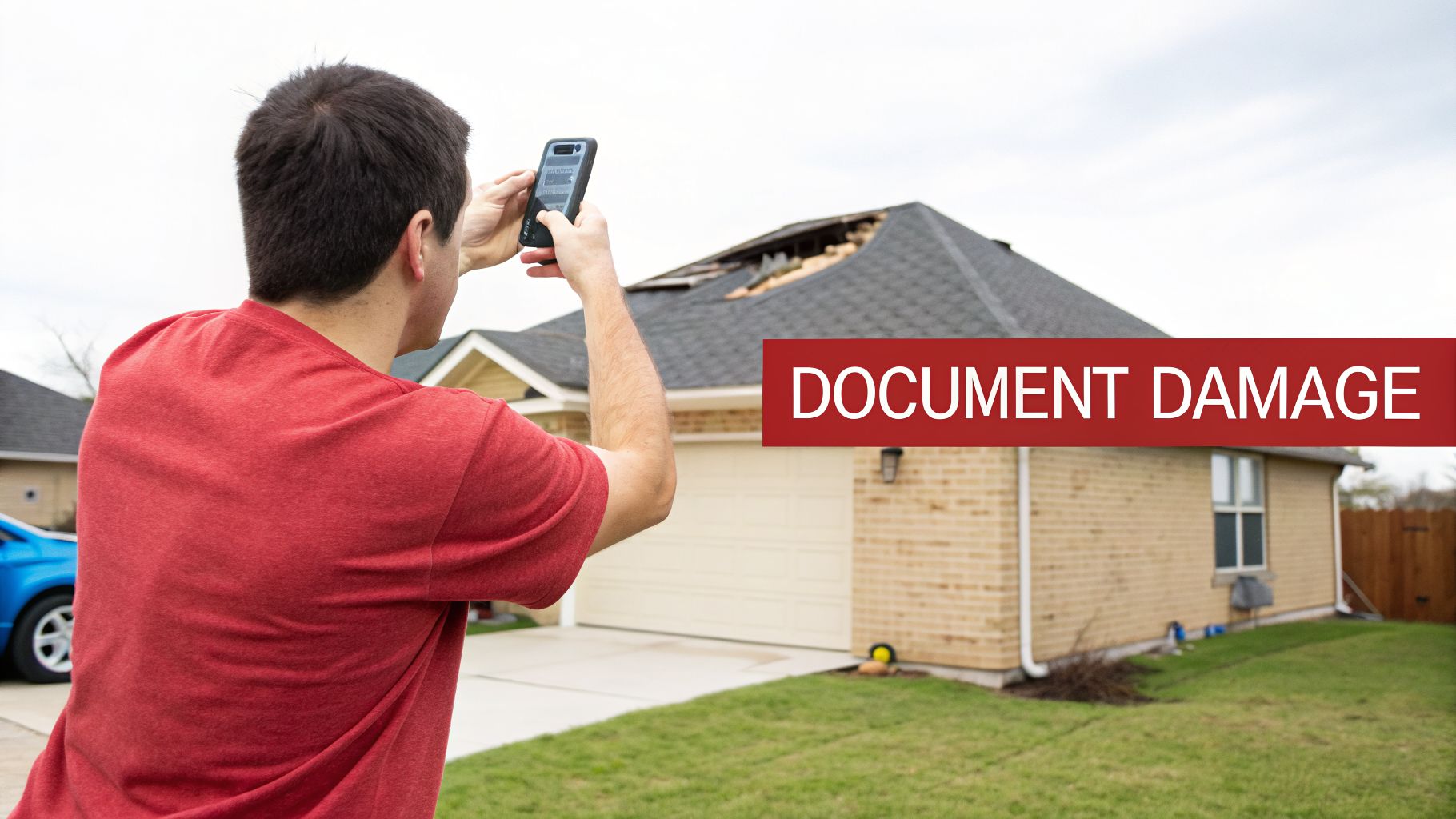 A man uses his phone to photograph a house with a damaged roof, documenting the destruction.