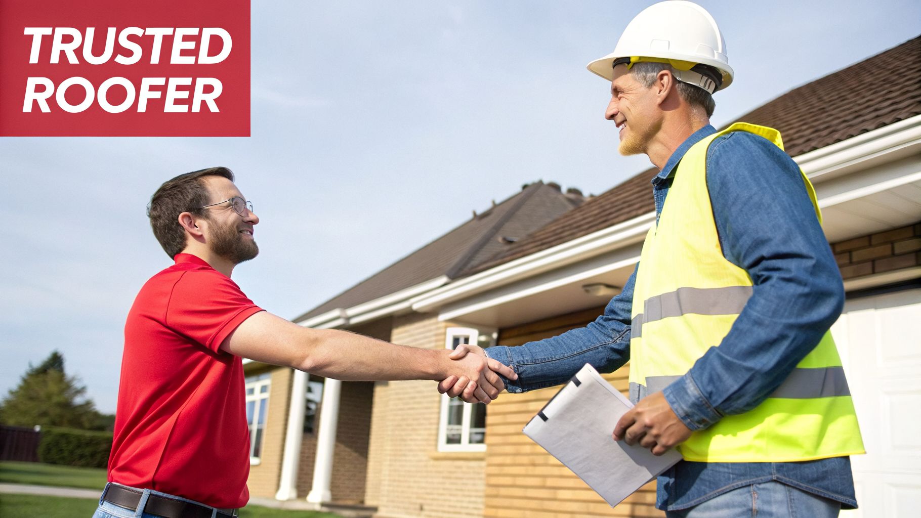 Smiling homeowner and a trusted roofer shaking hands in front of a residential house.