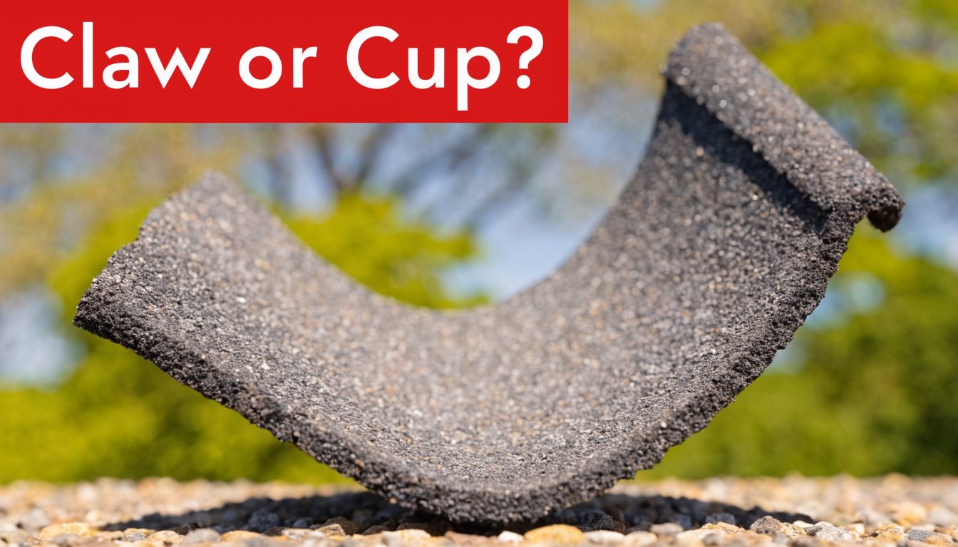 A close-up of a curled asphalt roofing shingle on a roof, demonstrating roof shingle cupping and deformation.