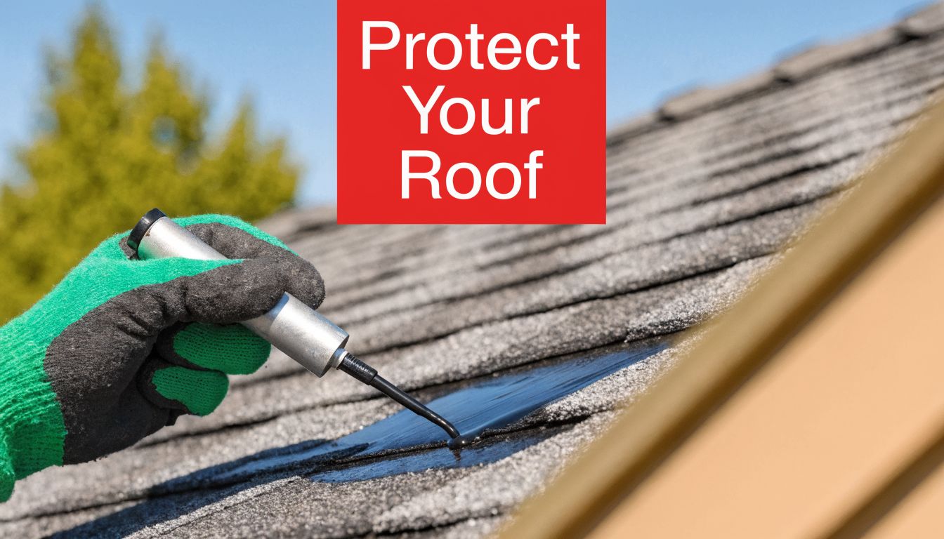 A gloved hand uses a sealant gun to apply black adhesive to repair damaged asphalt roof shingles.