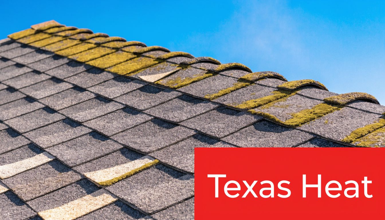 A close-up view of weathered asphalt roof shingles showing signs of moss growth and aging texture.