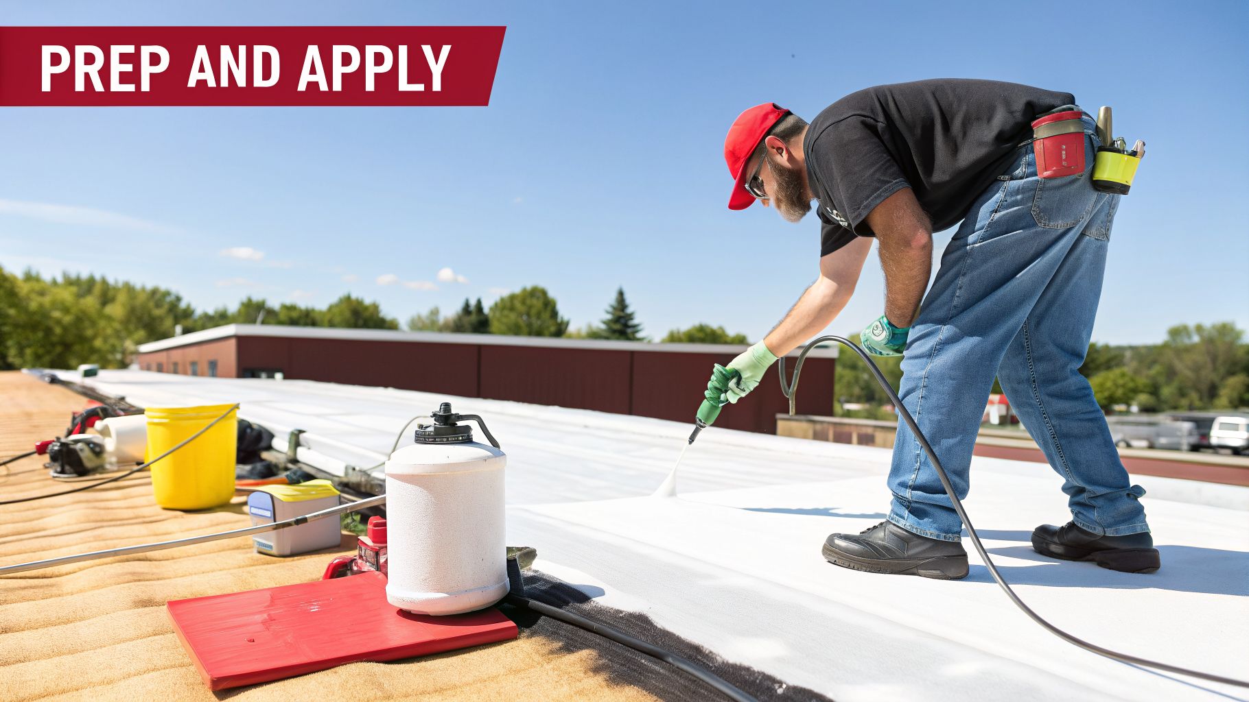 Worker applying a white elastomeric coating to a commercial flat roof on a sunny day.