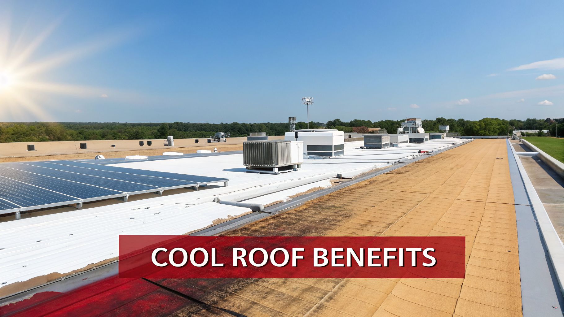 Commercial rooftop with solar panels, a new white cool roof coating, and HVAC units next to an old brown roof.