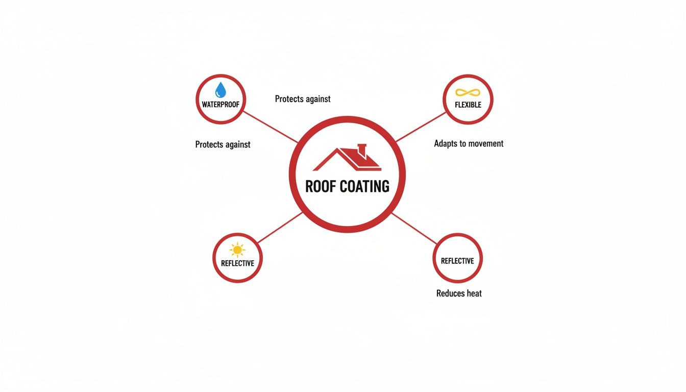 Infographic illustrating roof coating benefits: waterproof, flexible, and reflective properties for protection and heat reduction.
