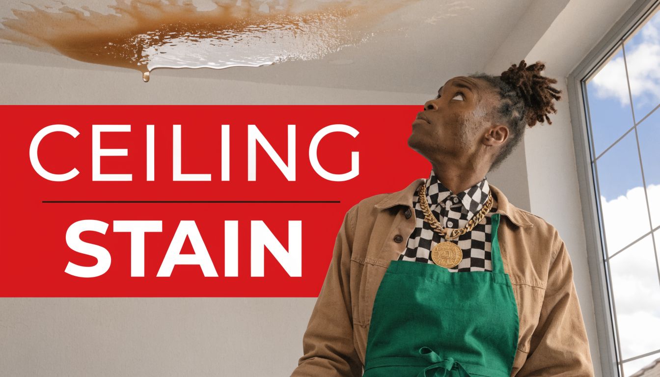 A person looks up in concern at a large, brown water stain on their ceiling.