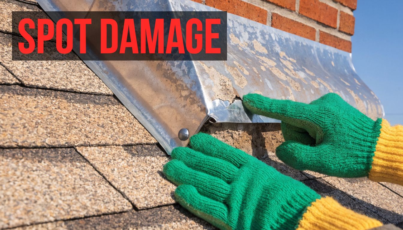 A person wearing protective gloves pointing at damaged metal flashing on a residential asphalt shingle roof.