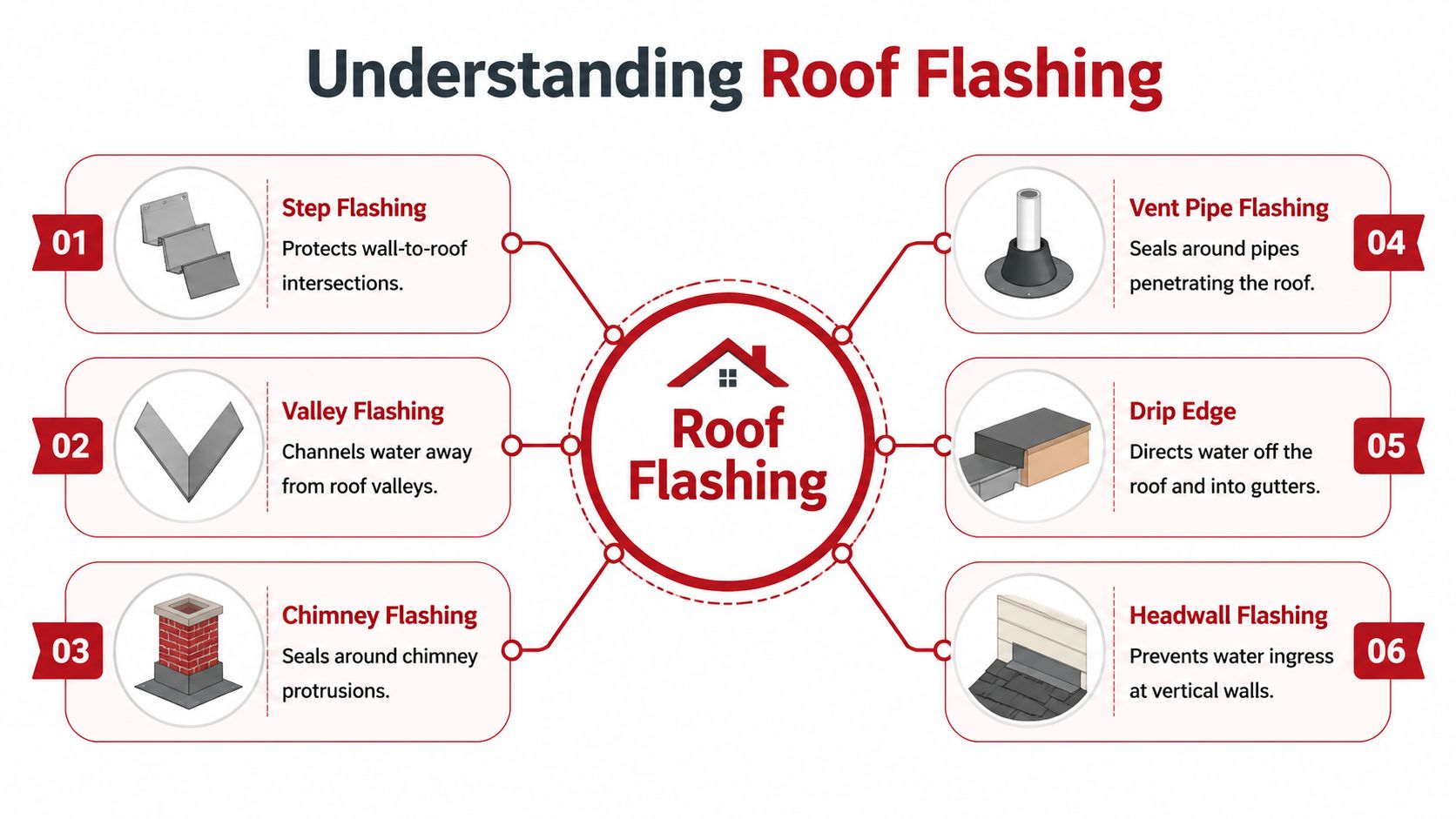 An educational infographic illustrating six common types of roof flashing and their specific functions on a house.