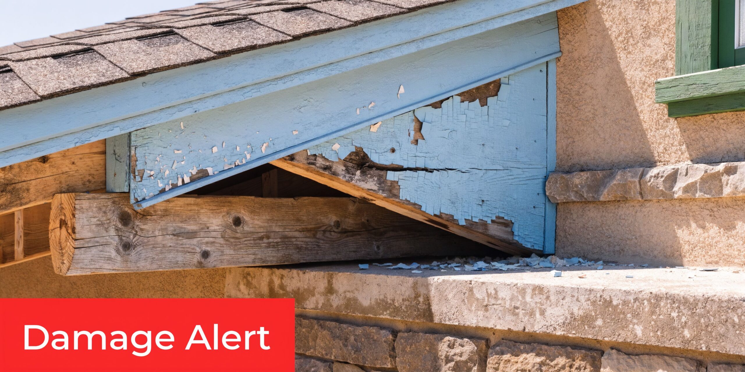 Peeling light blue paint on the soffit and fascia boards of a home roofline showing wood damage.