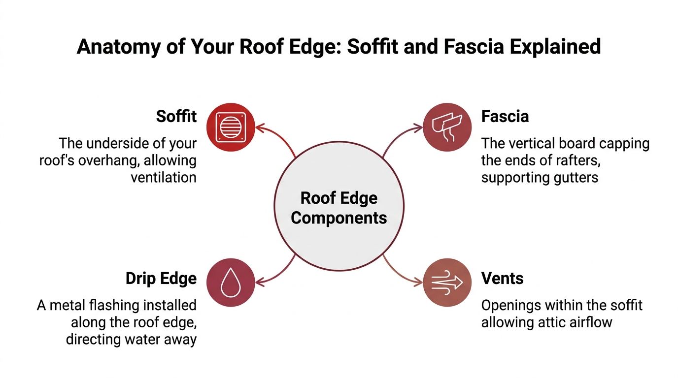 A diagram explaining roof edge components including soffit, fascia, drip edge, and attic ventilation vents.
