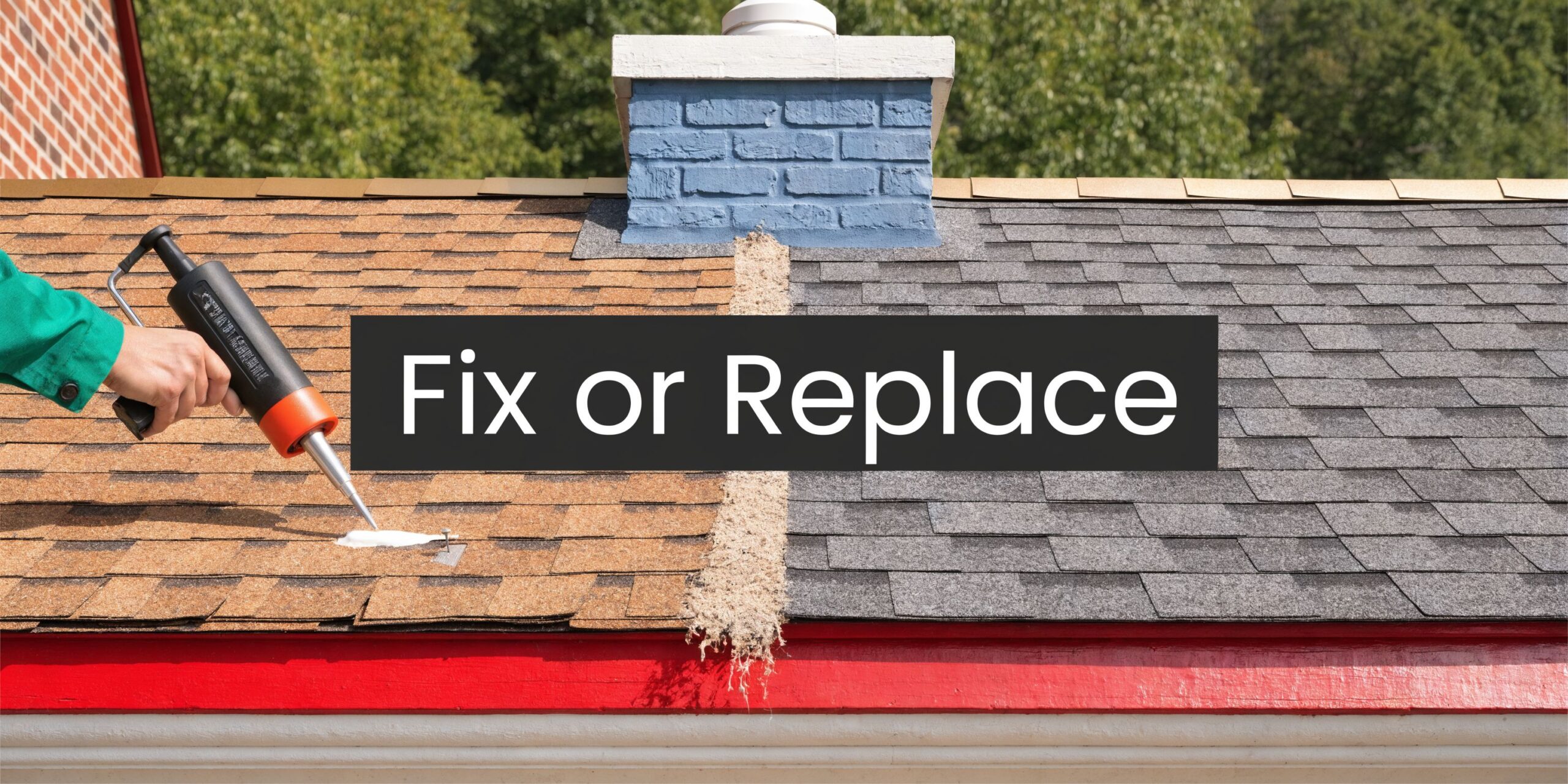 A roofer applying sealant to shingles on a divided roof while considering roof repair or replacement.