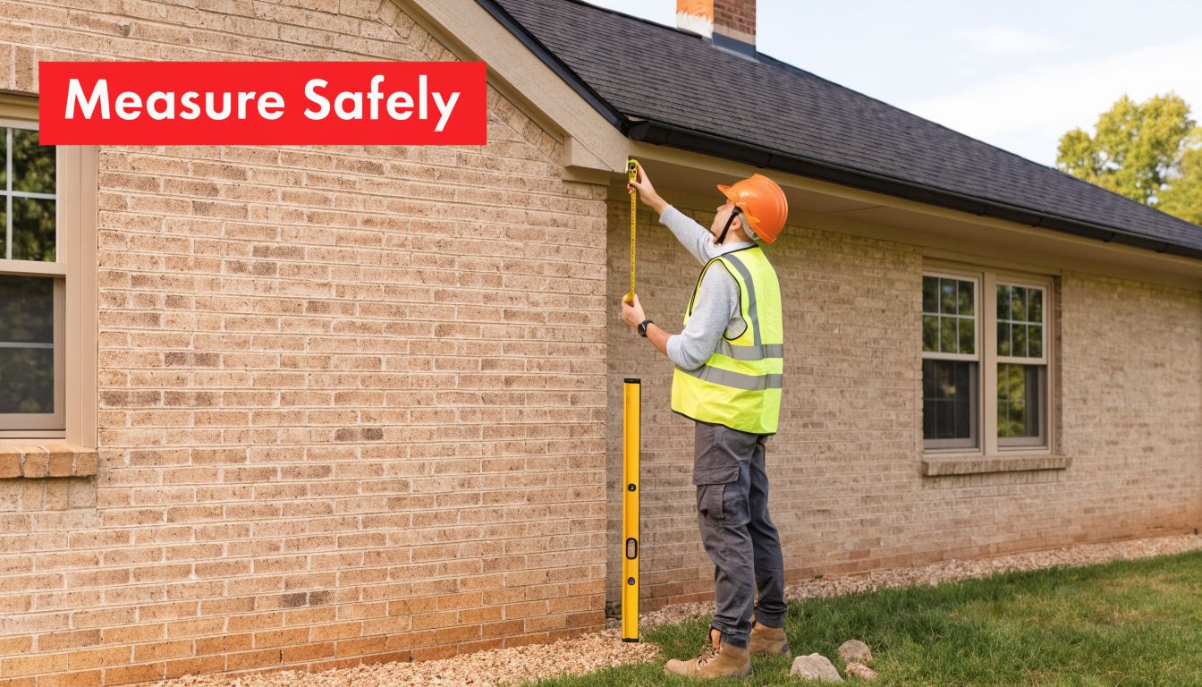 A construction worker in a hard hat and safety vest measuring the side of a brick building.