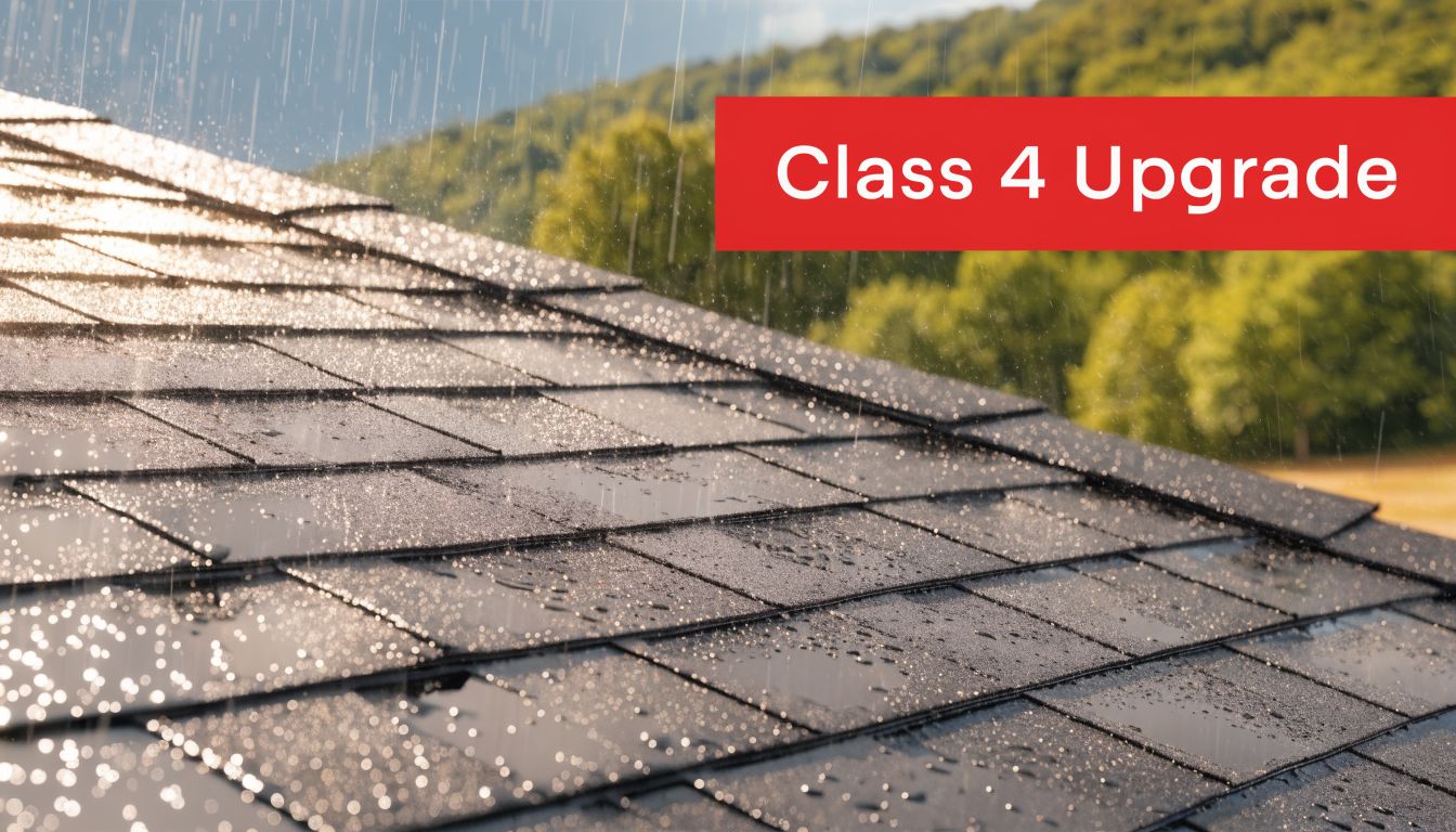 A close-up view of a dark asphalt shingle roof during a rain shower, highlighting the durable texture.