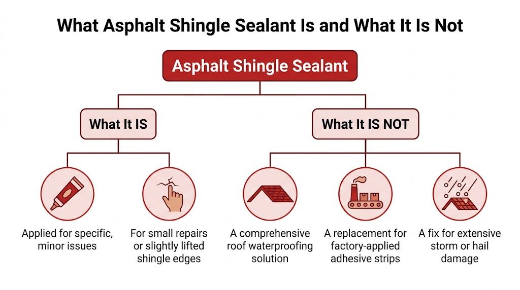 A diagram comparing the intended use and limitations of asphalt shingle sealant for roofing repairs.