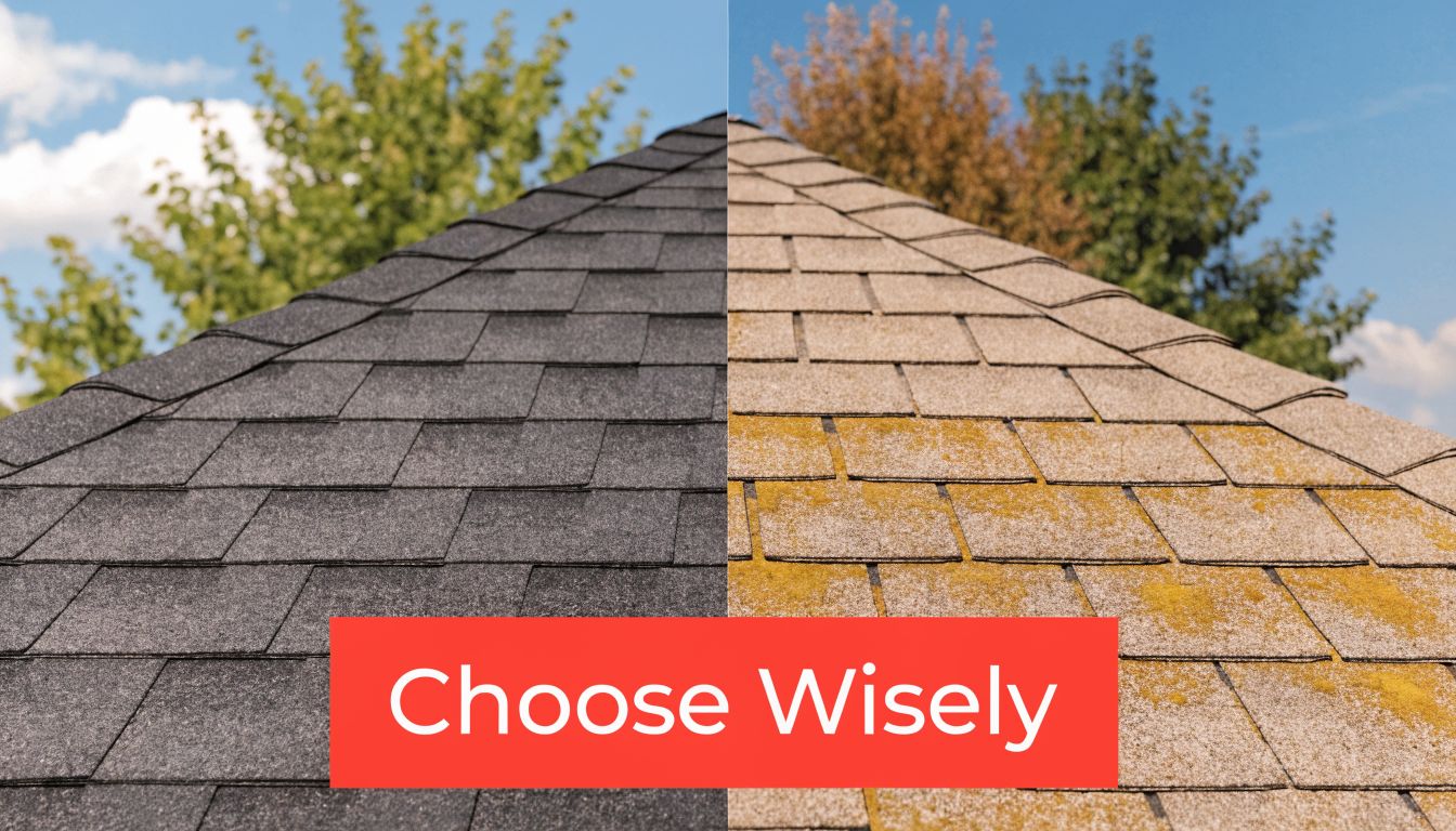 A split image showing a clean asphalt shingle roof beside a dirty, moss-covered roof surface.