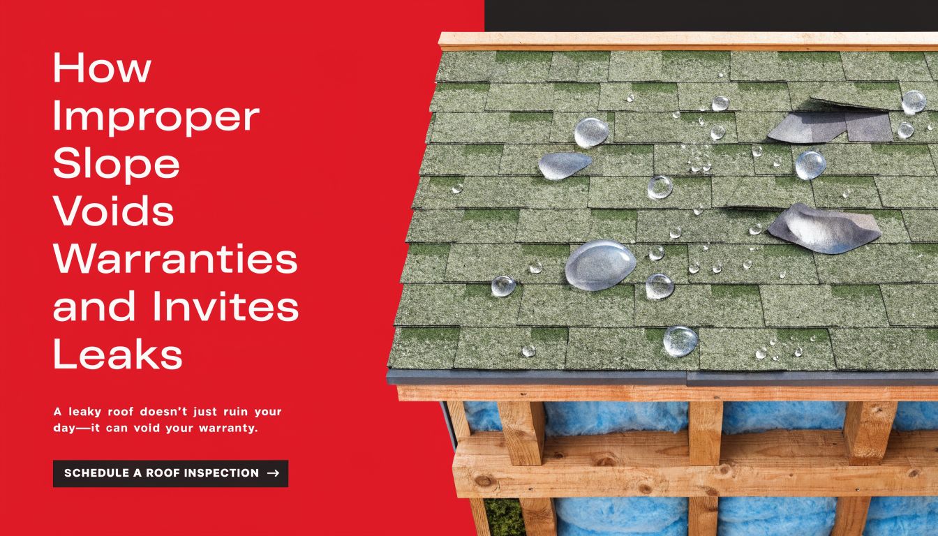 A close-up view of a green shingled roof model with water droplets representing potential leaks and damage.