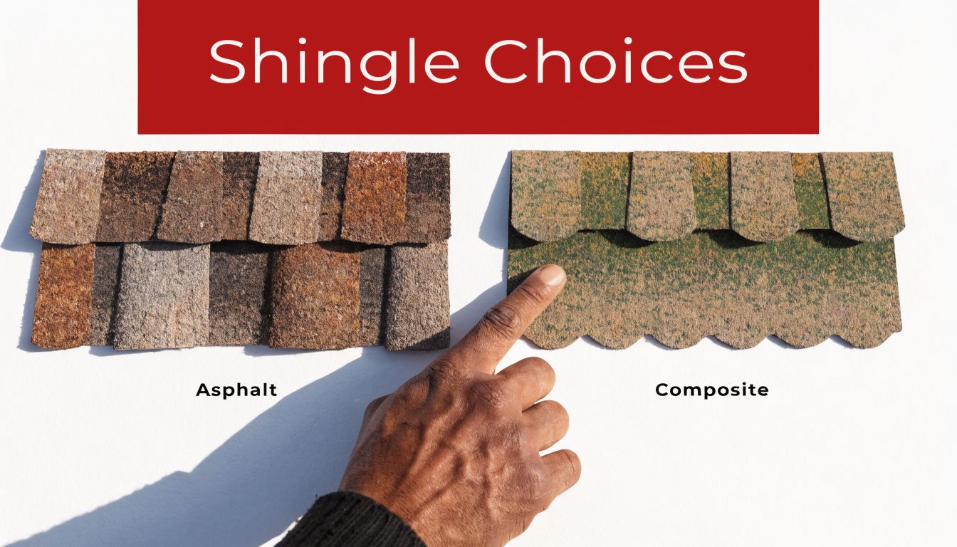 A hand points toward a green composite shingle next to a brown asphalt roof shingle sample.