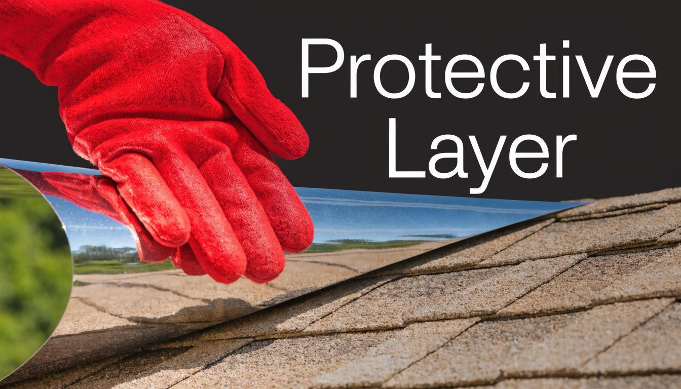 A hand wearing a red glove applying a reflective protective layer over a shingled residential roof.