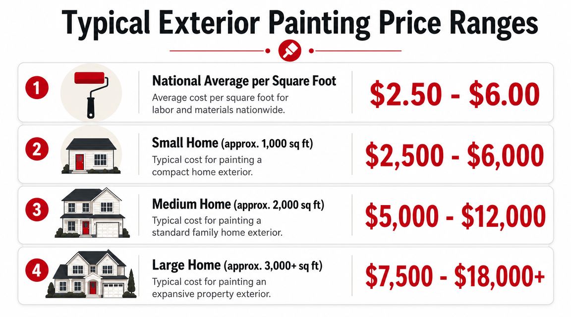 A chart showing typical exterior painting price ranges for various home sizes and the national average cost.