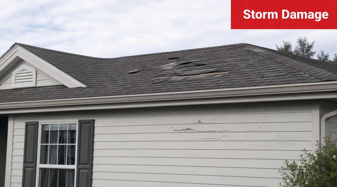 A house roof with visible storm damage including missing shingles on a residential building exterior.
