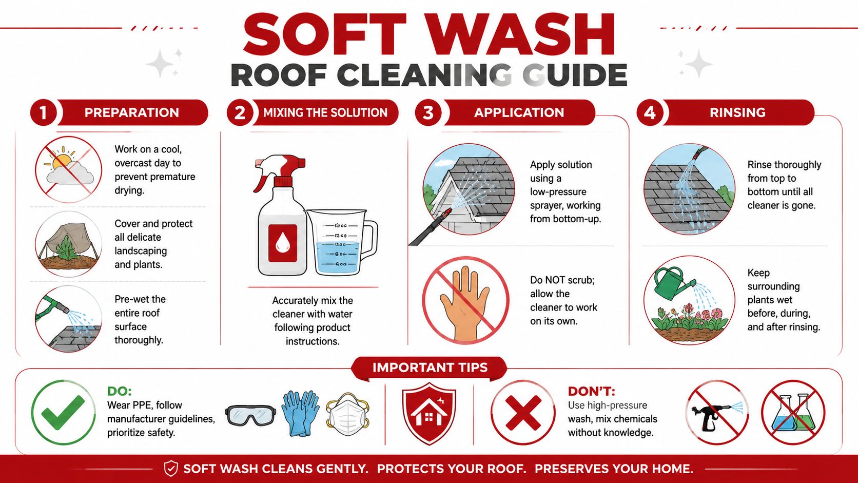 A step-by-step infographic showing how to soft wash an asphalt shingle roof safely and effectively.