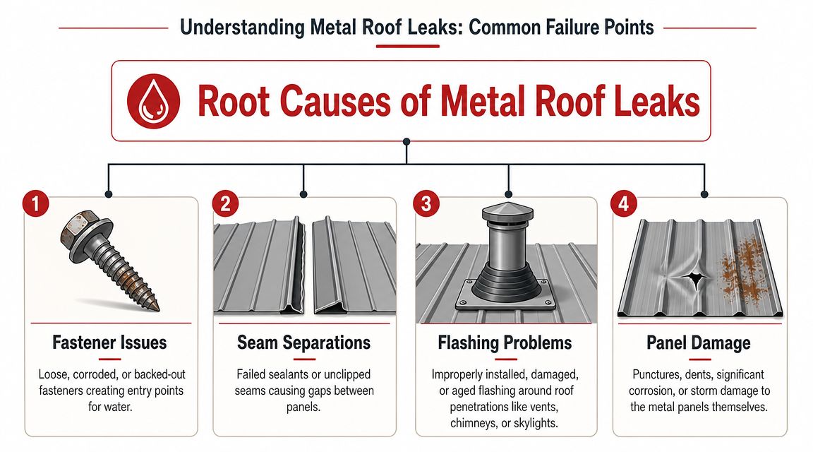 An infographic showing the four primary root causes of metal roof leaks with illustrations and descriptions.
