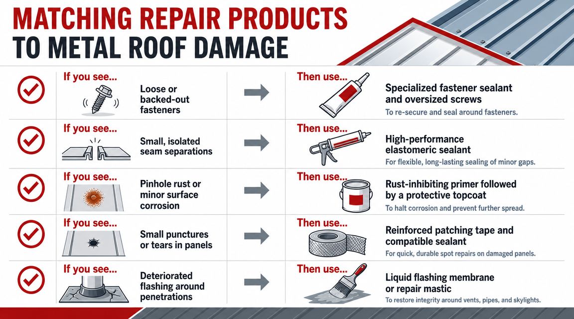 A chart showing various types of metal roof damage and the appropriate repair products for each issue.