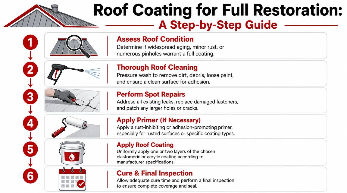 A six-step infographic detailing the professional process of applying roof coating for full restoration on metal roofs.