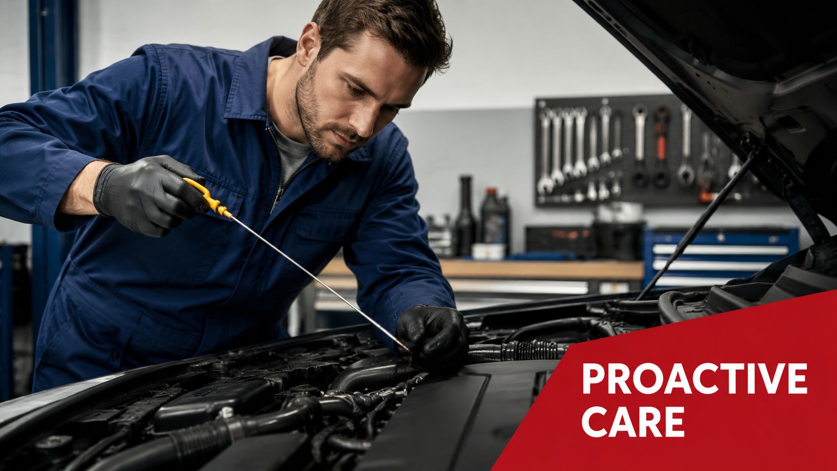 A professional mechanic in a blue uniform checks the oil level of a car engine under the hood.
