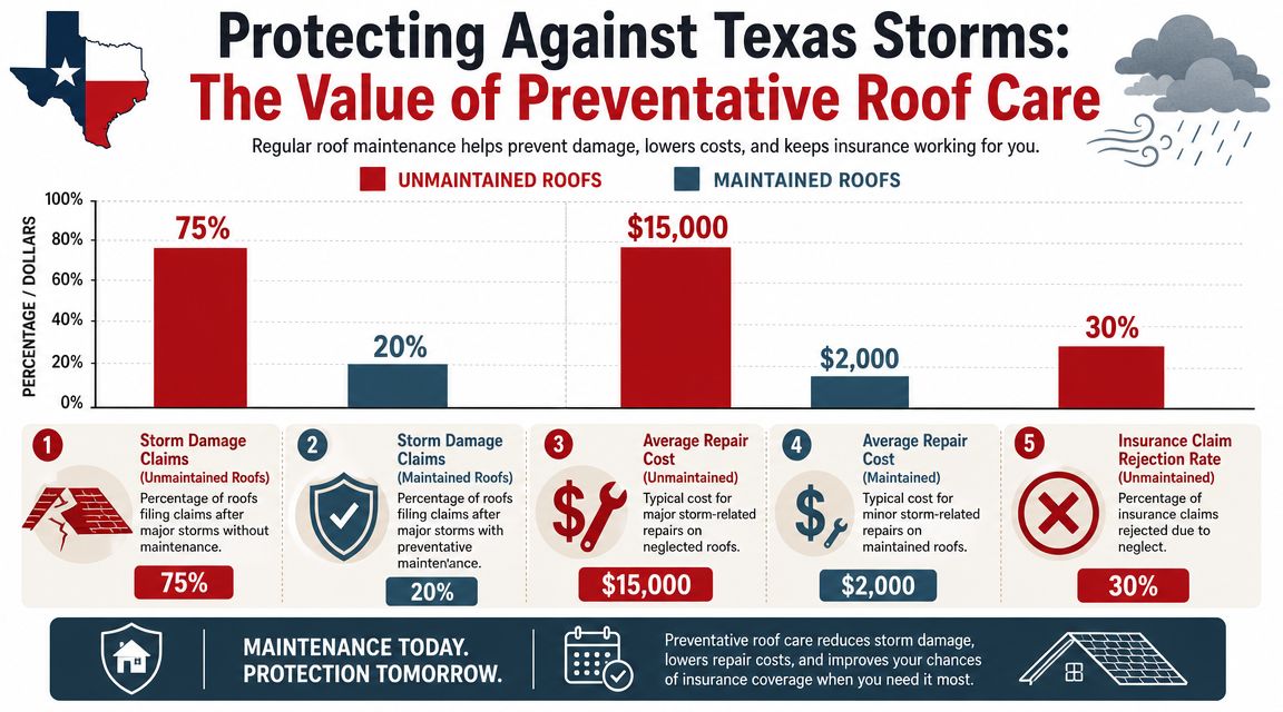 A chart illustrating the financial and protective benefits of preventative roof maintenance compared to unmaintained roofs.