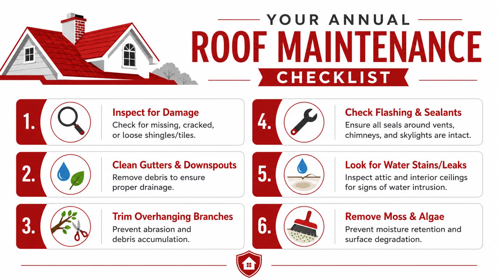 An infographic detailing six essential steps for an annual roof maintenance checklist to protect your home.