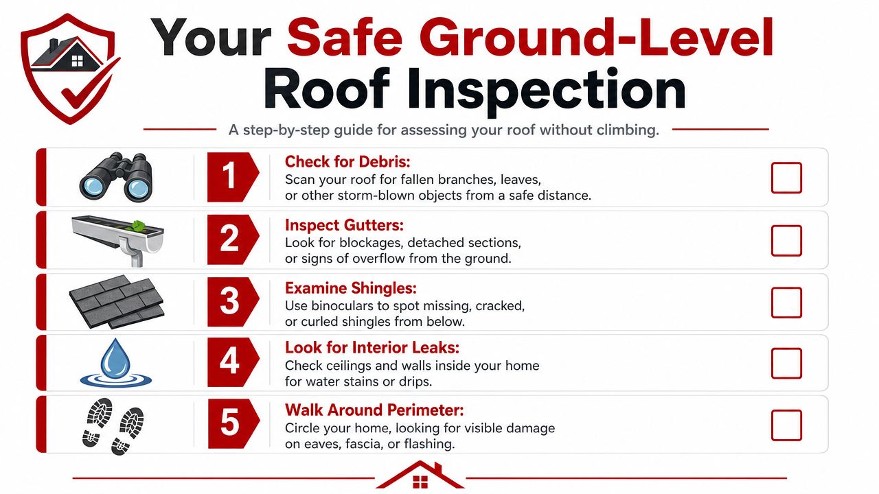 A checklist infographic titled Your Safe Ground-Level Roof Inspection showing five steps to assess your roof safely.